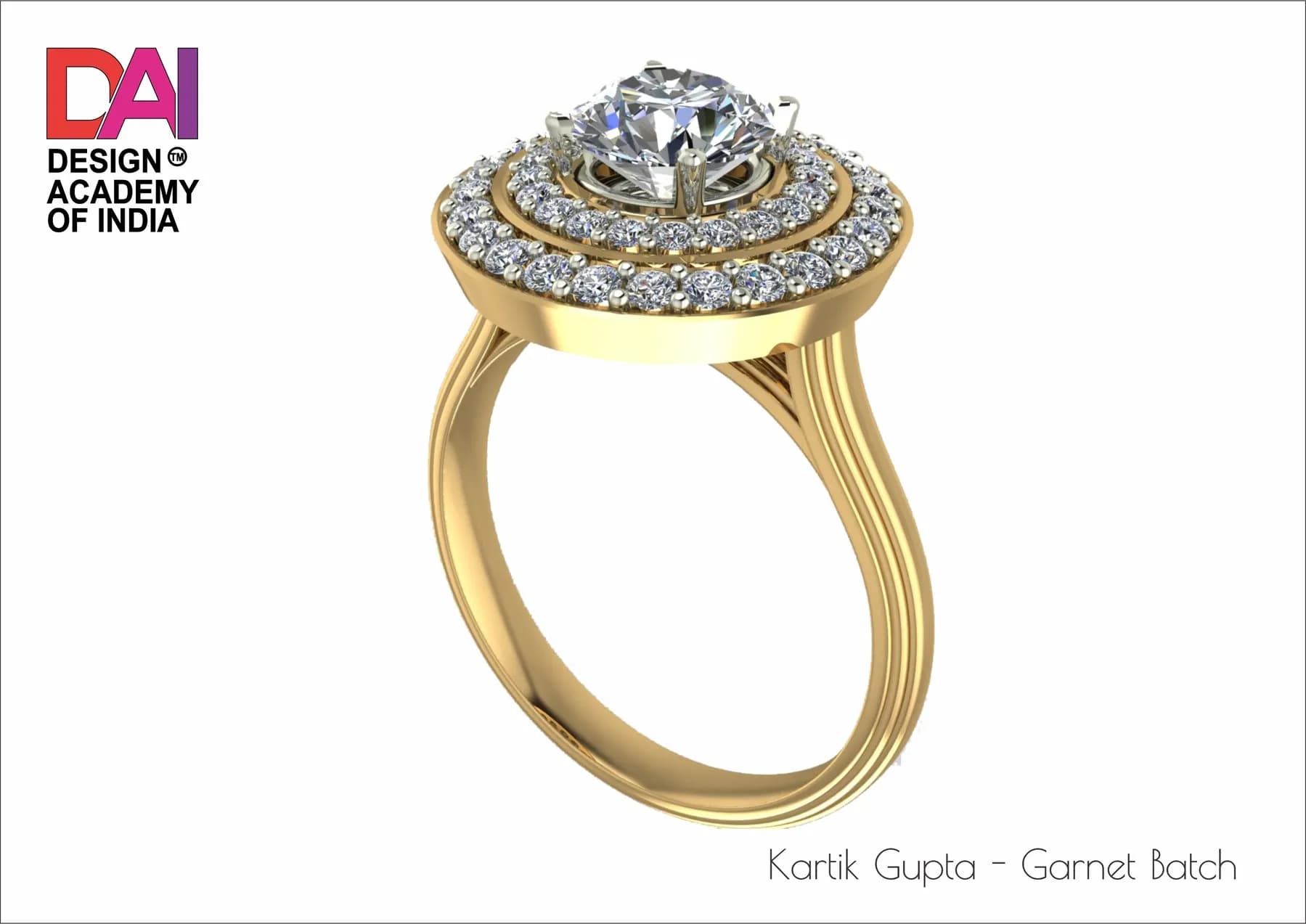 Student CAD render — double-halo diamond ring (Kartik Gupta, Garnet batch)