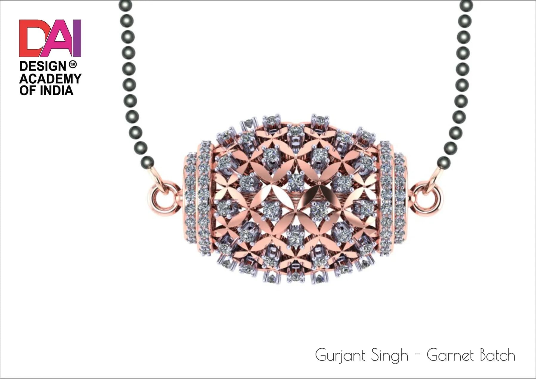 Student CAD render — diamond mangalsutra pendant (Gurjant Singh, Garnet batch)