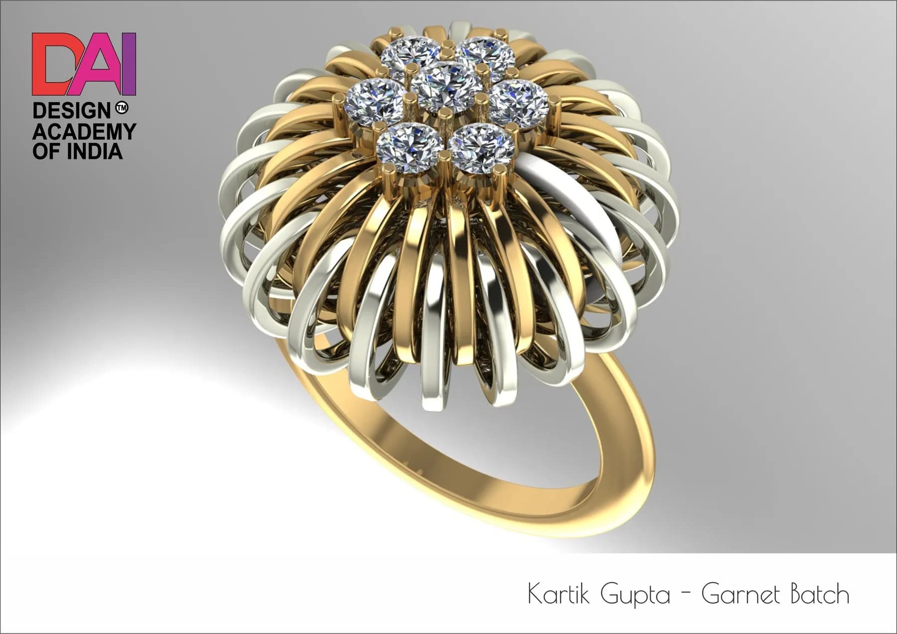 Student CAD render — two-tone floral cocktail ring (Kartik Gupta, Garnet batch)