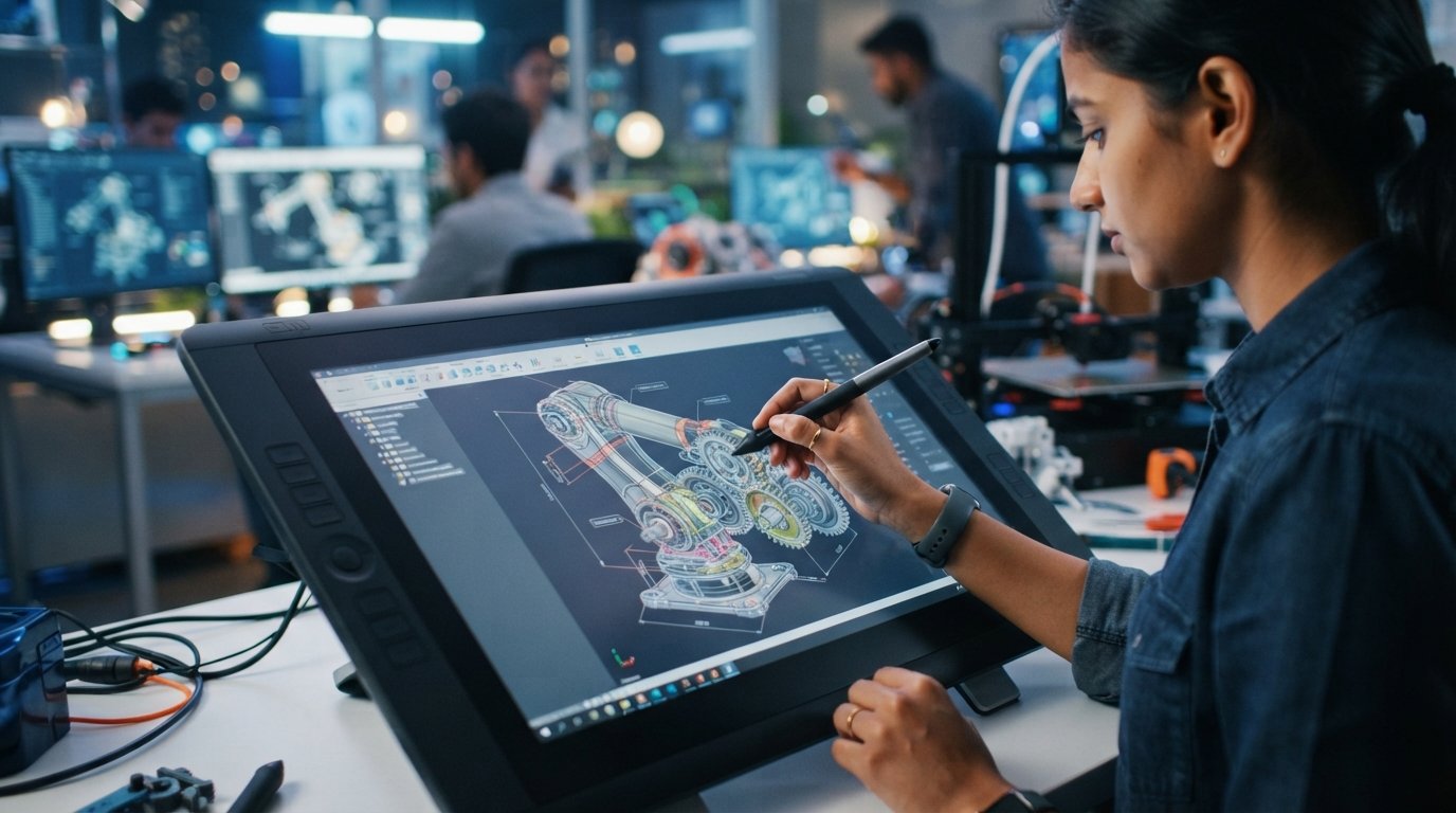 An FSJD student designing on a pen-display graphics tablet