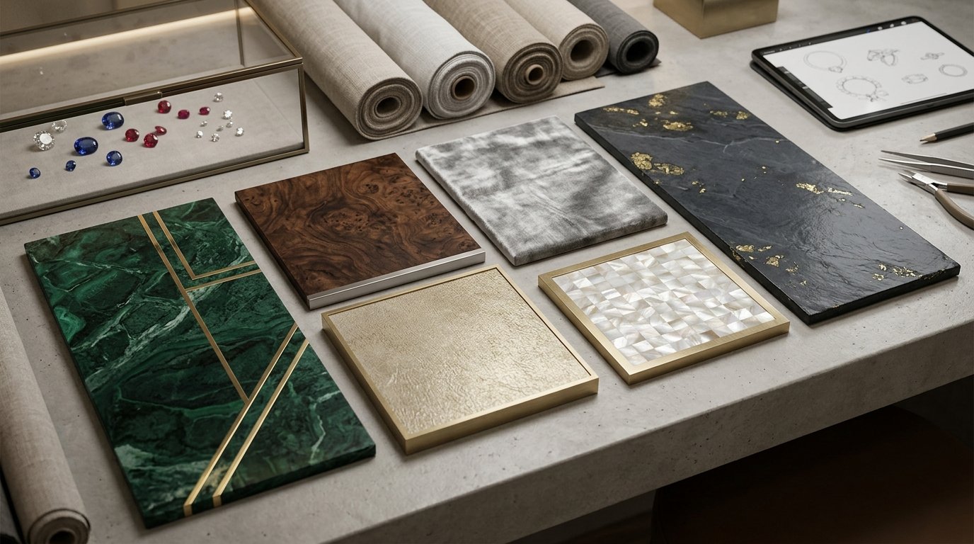 Jewellery design materials, loose gemstones and a tablet sketch on an FSJD studio bench